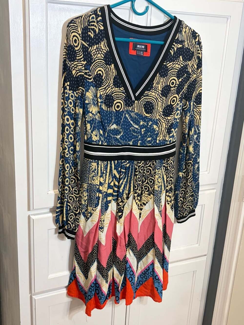 Maeve Anthropologie Mixed Print Dress Size 2 Blue Yellow Pink V Neck Boho